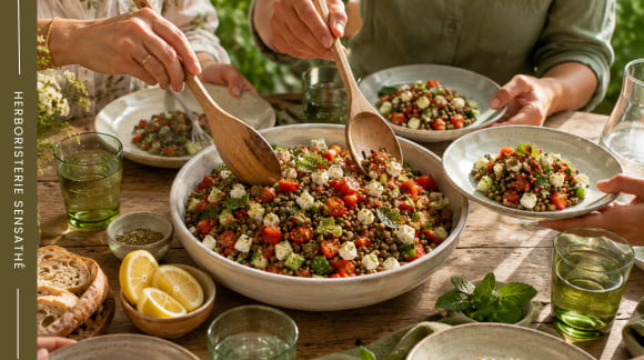 Salade de lentilles vertes à l’origan servie à table avec feta, tomates cerises, concombre et menthe fraîche - Herboristerie Sensathé Salade de lentilles vertes à l’origan servie à table avec feta, tomates cerises, concombre et menthe fraîche - Herboristerie Sensathé